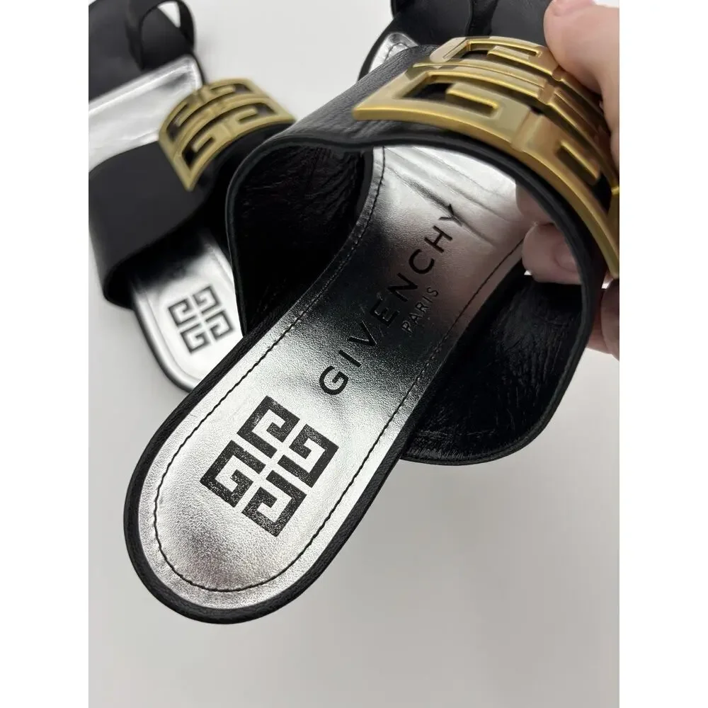 Authentic Givenchy Toe Ring Flat Sandal Black Leather Gold Logo Size 37.5 / 7 - Picture 7 of 12